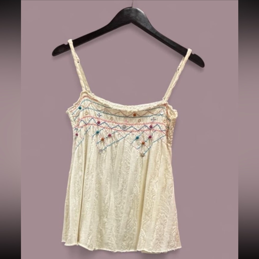 Vintage Y2K Free People White Paisley Jacquard Beaded Embroidered Boho Cami Top